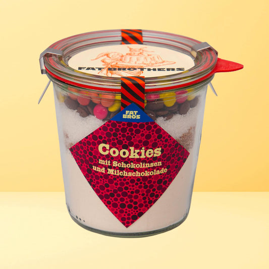Cookies mit Schokolinsen und Milchschokolade Backmischung im Weck-Glas