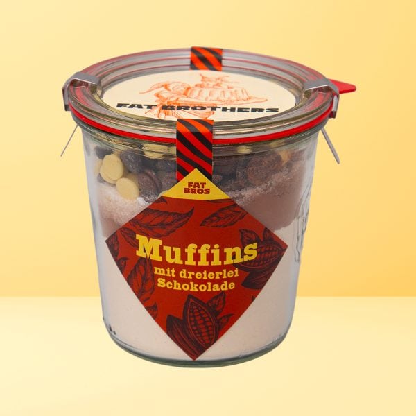 Muffin-Backmischung mit 3 Schokoladensorten - "Weniger Zucker!" im Weck-Glas